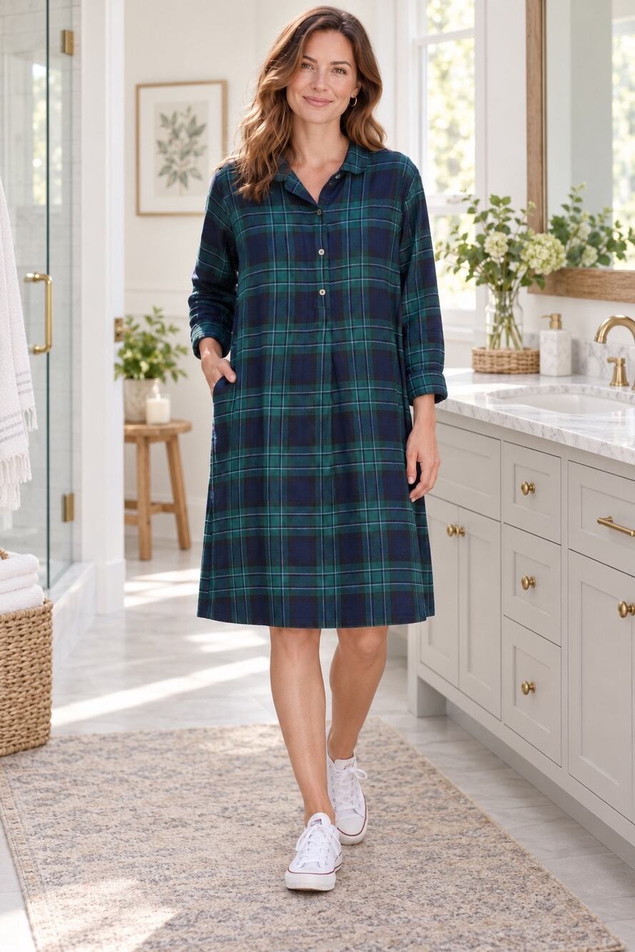 Lands End Women's Plus medium Long Sleeve Flannel Nightgown green plaid